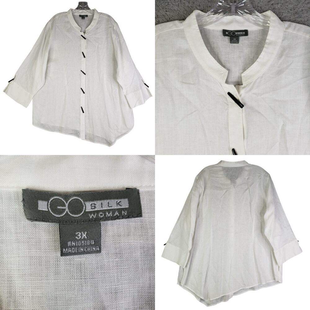 Go Silk 100% Linen Button Up Shirt White Size 3X Coastal Hamptons Mandarin